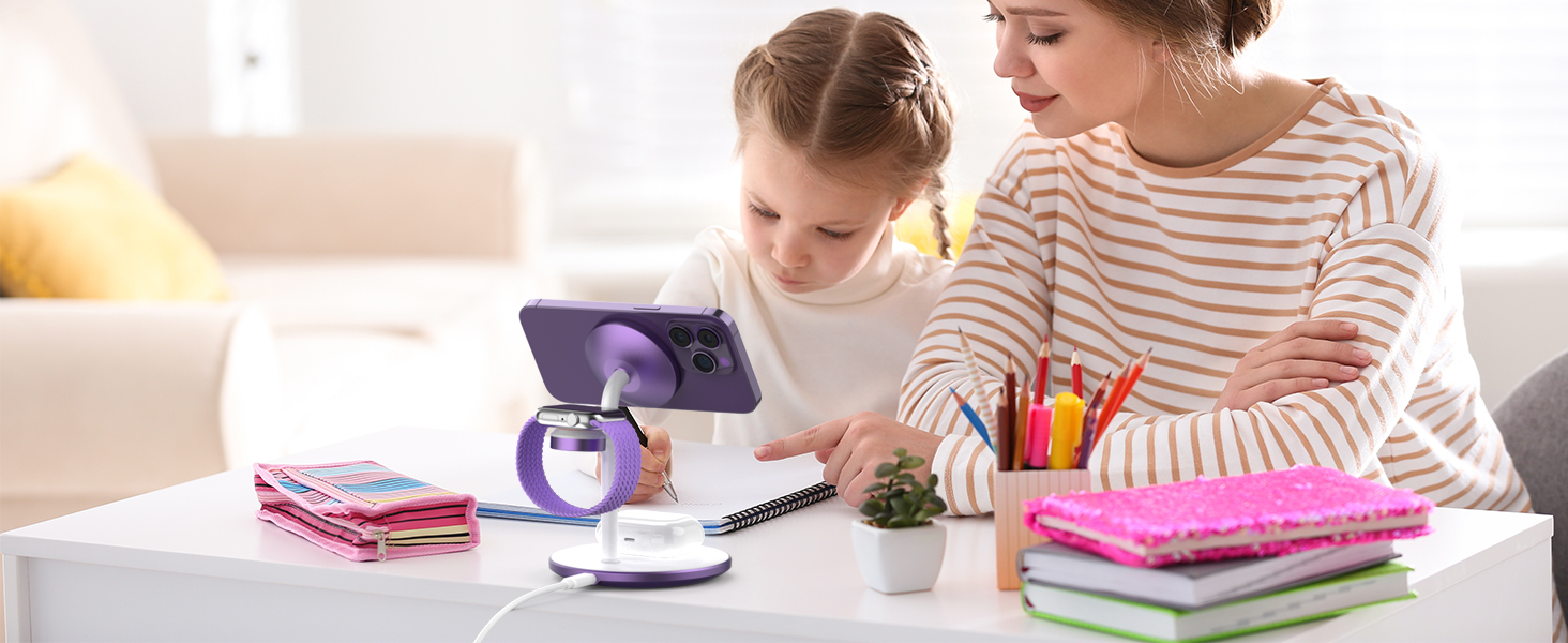 3-в-1 Бездротова Зарядка для Багатьох Пристроїв: iPhone, iWatch, AirPods (15W, MagSafe, Lila)