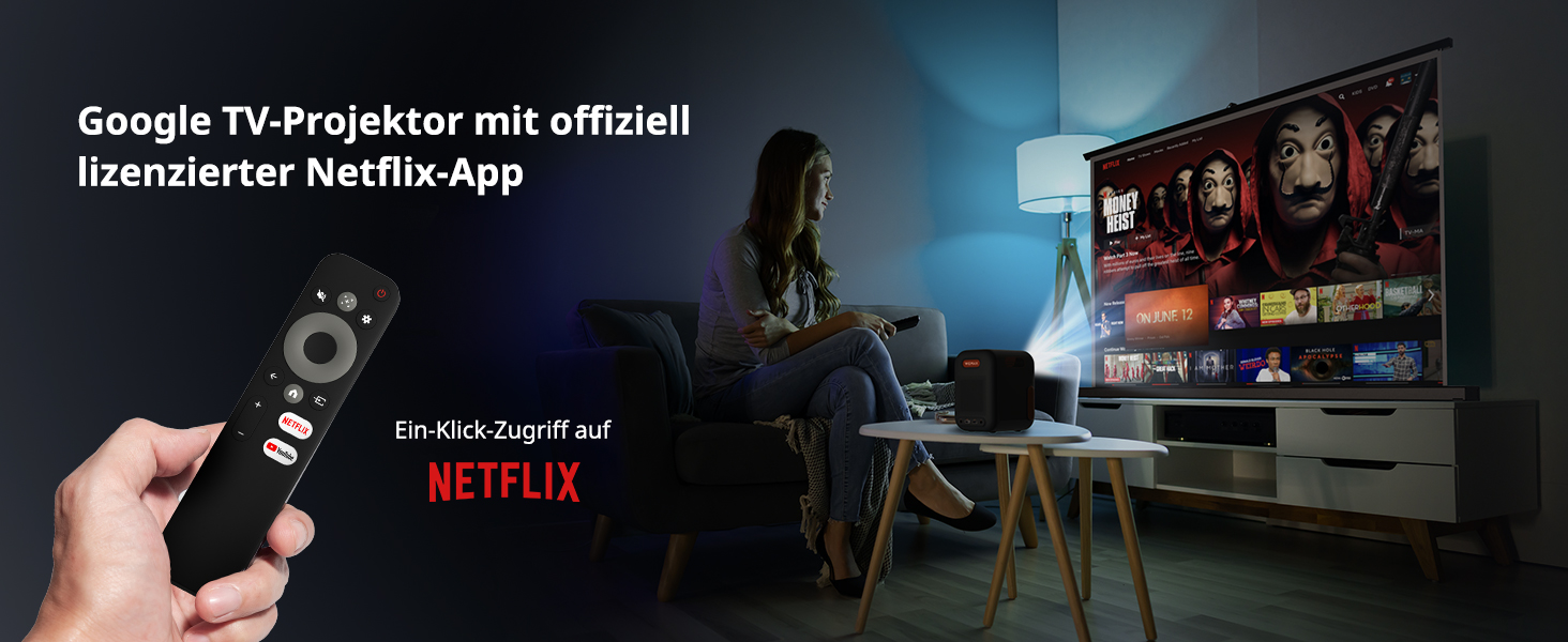 WEMAX Mini проєктор 4K з Netflix та Google TV, портативний, Dolby Audio, WiFi, Bluetooth для домашнього кіно та відпочинку на природі