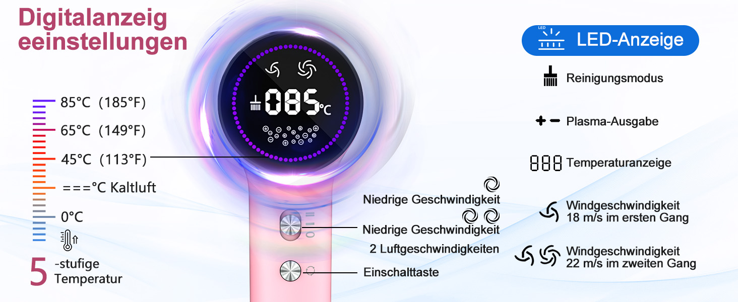Фен для волосся з плазмою та безщітковим мотором 110 000 об/хв, швидке сушіння, тихий, з магнітною насадкою, для дому та подорожей (Темний, Рожевий)