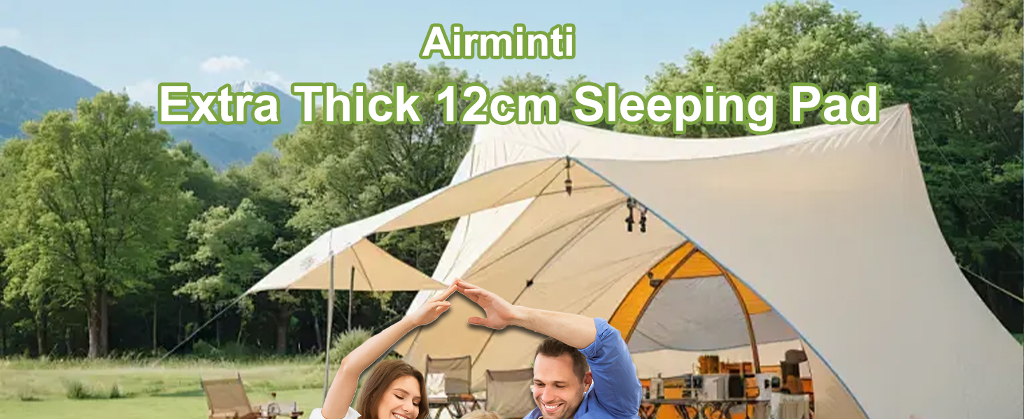 Airminti Self-Inflating Camping Mat - 12cm Thick, Lightweight Air Mattress with Foot Pump & Pillow - Outdoor Sleeping Pad for Camping, Trekking, Beach & Festival - Compact, Army Green (2 Person)