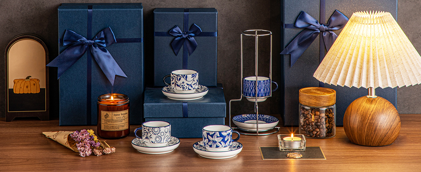 Набір чашок для еспресо Vancasso SELENE з блюдцем та підставкою, 4 шт, 90 мл, блакитно-білий, кераміка