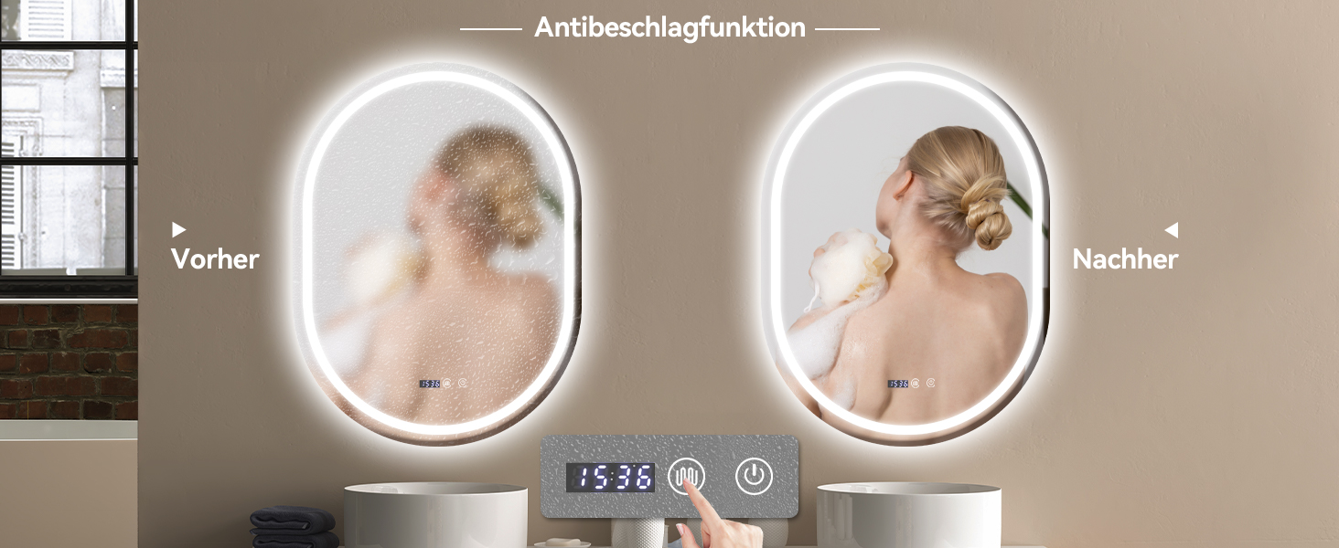 Дзеркало для ванної кімнати YOURLITE з підсвічуванням, 60 см, LED, сенсорне керування, 3 кольори світла, регулювання яскравості, антизапар, пам'ять, годинник, овальне, білий