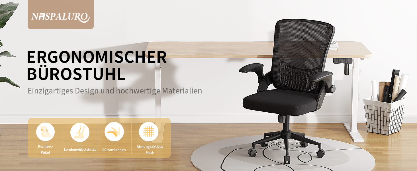 Офісний стіл Naspiro Ergonomic з регульованими підлокітниками, підтримкою попереку та дихаючою сіткою, чорний (без підголівника)