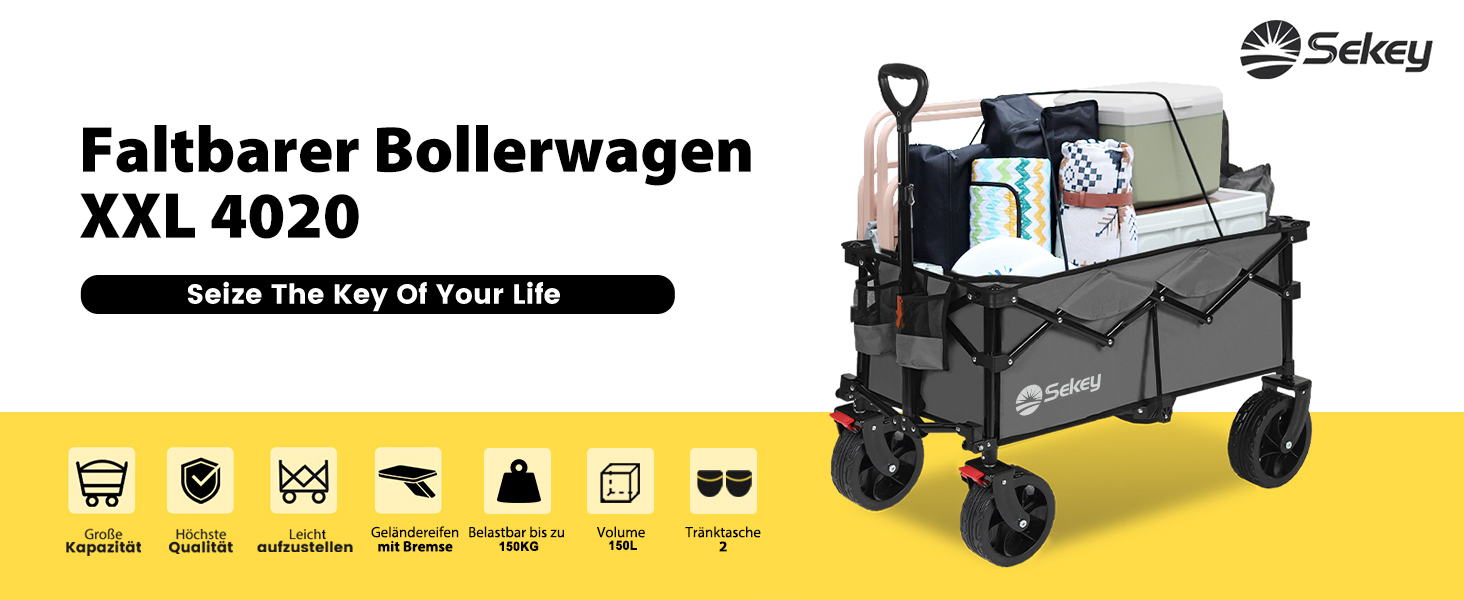 Bollerwagen Sekey XXXL: Складна вантажна платформа з великим об'ємом 150л, 200кг вантажопідйомністю, широкі колеса для бездоріжжя, антрацит