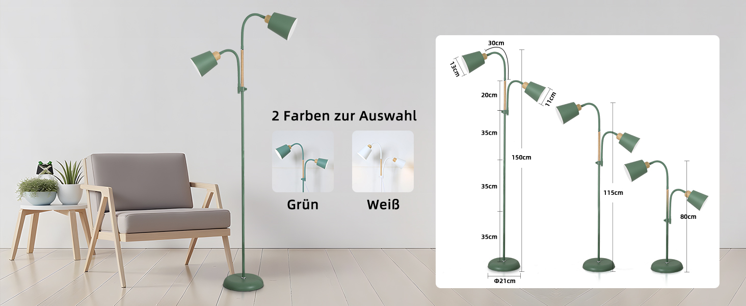Стійка лампа ANTENLICHT YOYO з двома висувними лампами | 2xE27, 60W | 360° регулювання | Вінтажний дизайн, метал | 159 см, зелений | Без лампочки