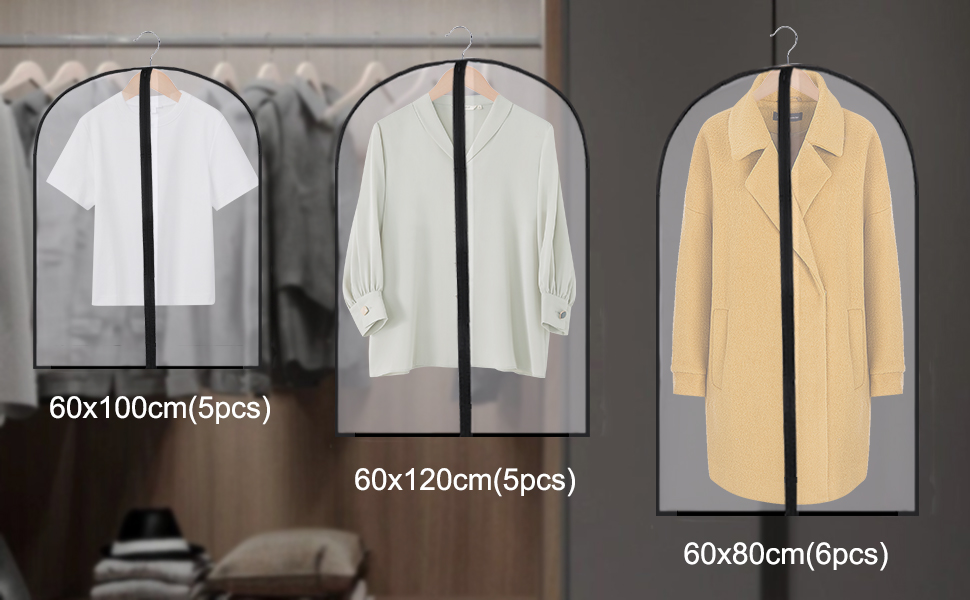 16 чорних мішків для одягу з блискавкою, 60 x 120/100/80 см. Захисні мішки для одягу, костюмів, пальто, суконь, сорочок. Організація та зберігання одягу.