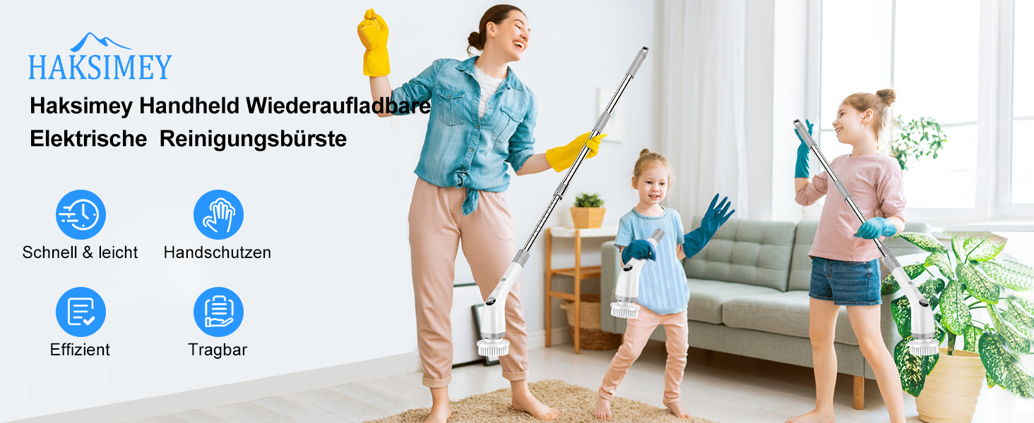 Електрична щітка для прибирання 7 в 1 з регульованою ручкою, змінними насадками, 2 швидкості, для ванної, плитки, IPX7, білий/сірий