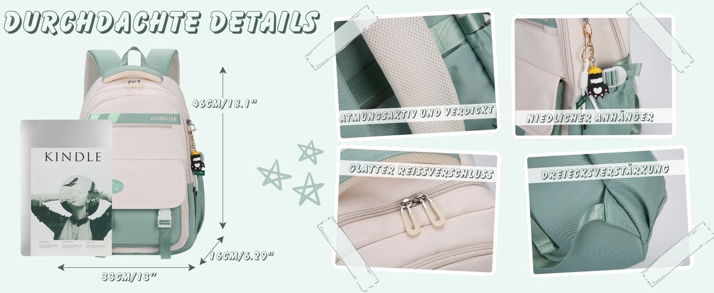 Дитячий рюкзак для школи: водонепроникний, нейлон, кілька відділень, легкий, для дівчаток та хлопчиків, для подорожей та спорту (зелений)