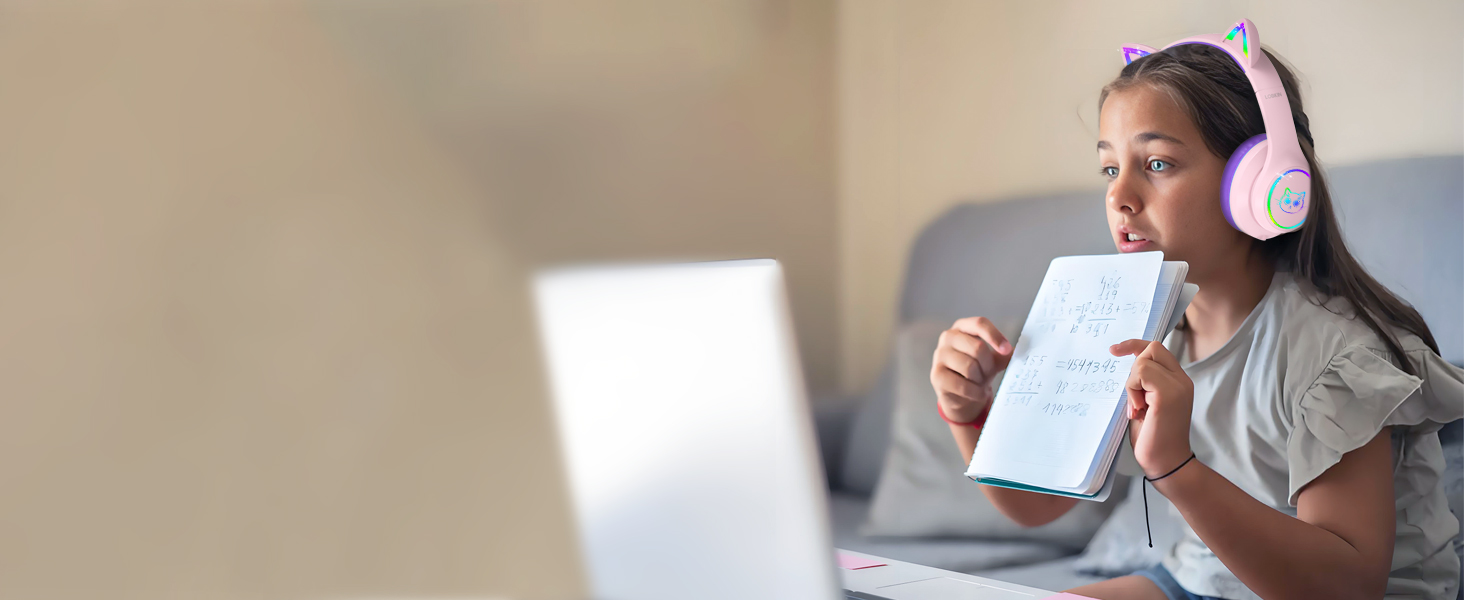 Дитячі навушники LOBKIN Bluetooth Over-Ear з чохлом, бездротові та провідні, для дівчаток, складні, регульовані, для школи та подорожей (рожево-фіолетові)