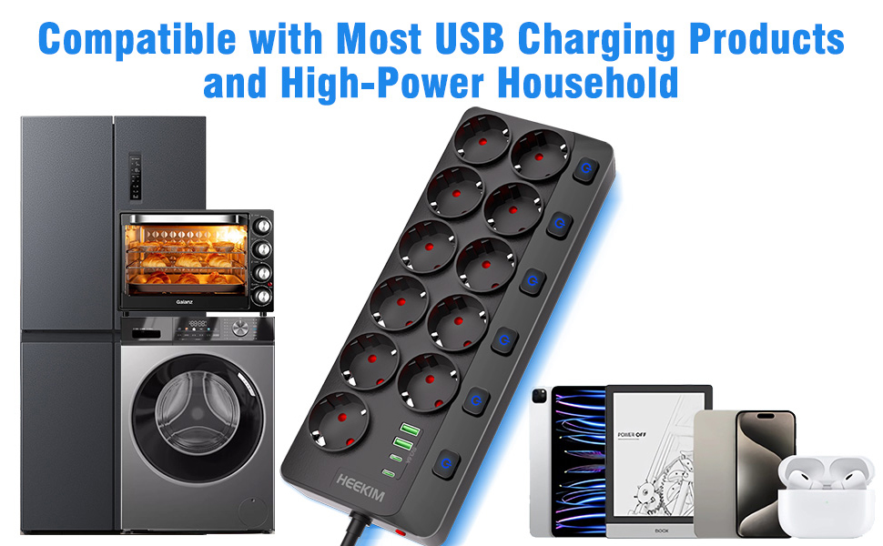 Мережевий фільтр HEEKIM з USB, 11 розеток, 2 USB-A та 2 USB-C, 4000W, 16A, з індивідуальним вимикачем, 2м кабель, для дому, школи, офісу, чорний