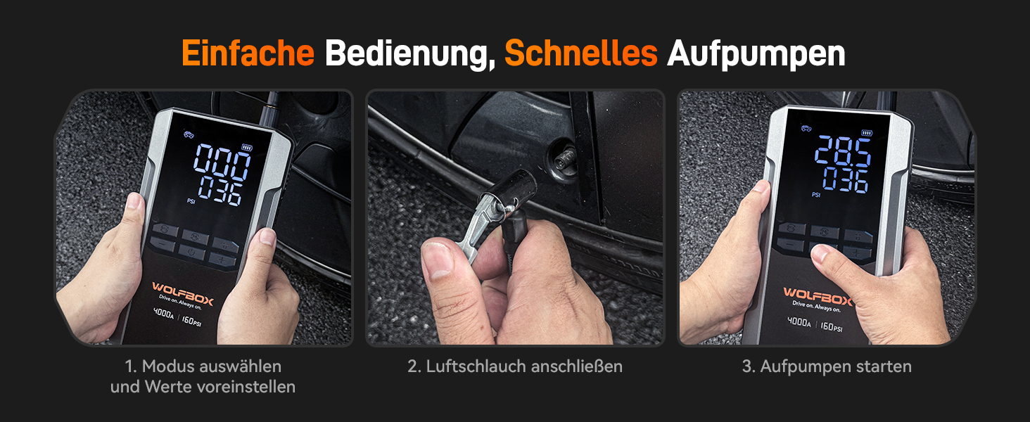 WOLFBOX 4000A: Портативний пусковий пристрій з компресором 160PSI, 12V, 65W, 88.8Wh для бензинових/дизельних двигунів, LED-ліхтар, кабелі для підключення