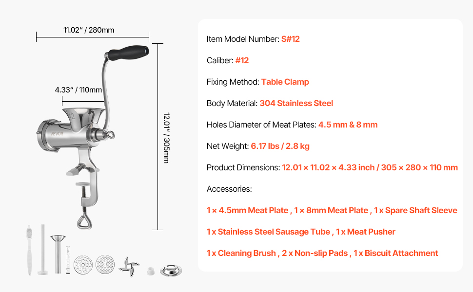 М'ясорубка ручна VEVOR з нержавіючої сталі, з присоскою та насадками для ковбас (38 см)