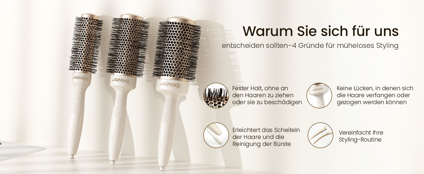 Кругла щітка для волосся AIMIKE NaturaVol для об'єму та гладкості, з кліпсами (32 мм, 53 мм)
