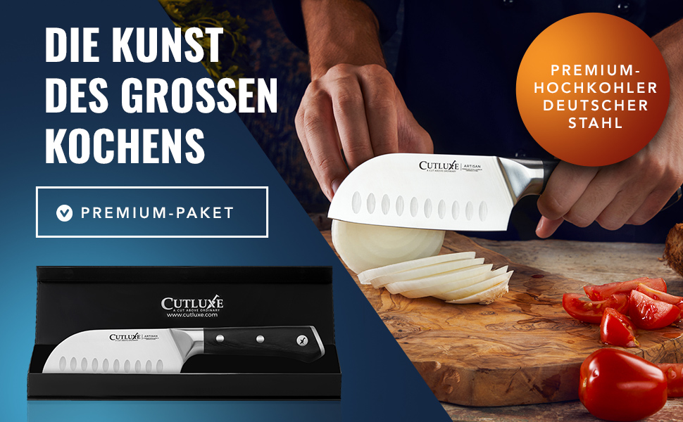 Ніж Cutluxe Santoku 13 см – універсальний ніж для риби, м'яса, суші. Виготовлений з німецької сталі, надзвичайно гострий, ергономічний дизайн