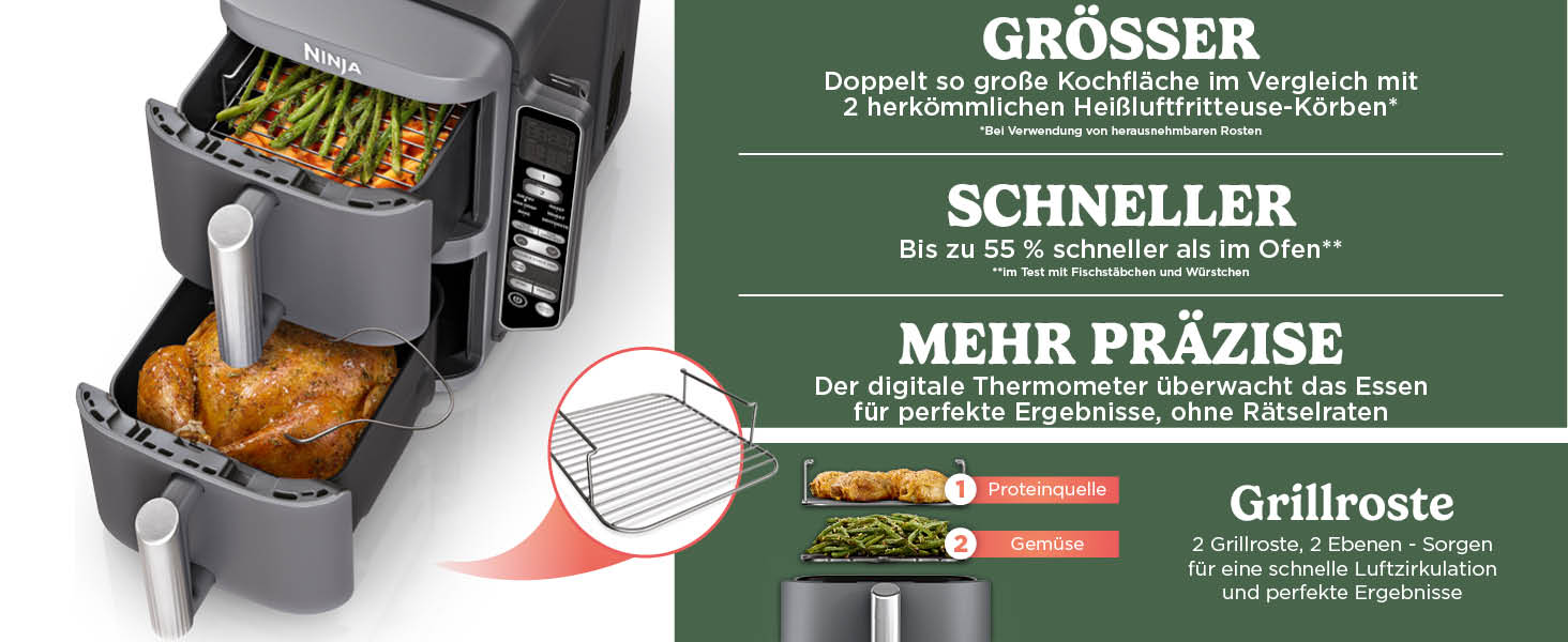 Фритюрниця повітряна Ninja Double Stack XL 9.5L з цифровим термометром, сіра SL451EU