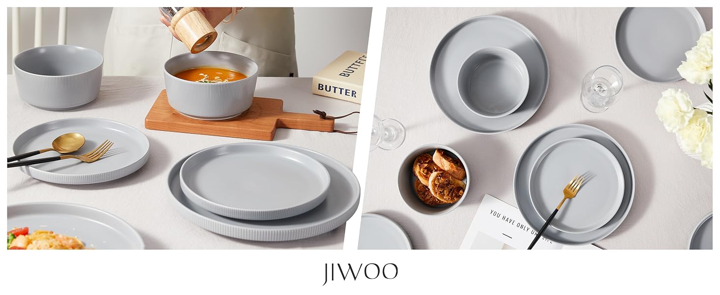 Набір посуду Jiwoo для 4 осіб (12 предметів): тарілки, десертні тарілки, супові миски. Bone China, матовий сірий колір, для мікрохвильовки та посудомийної машини
