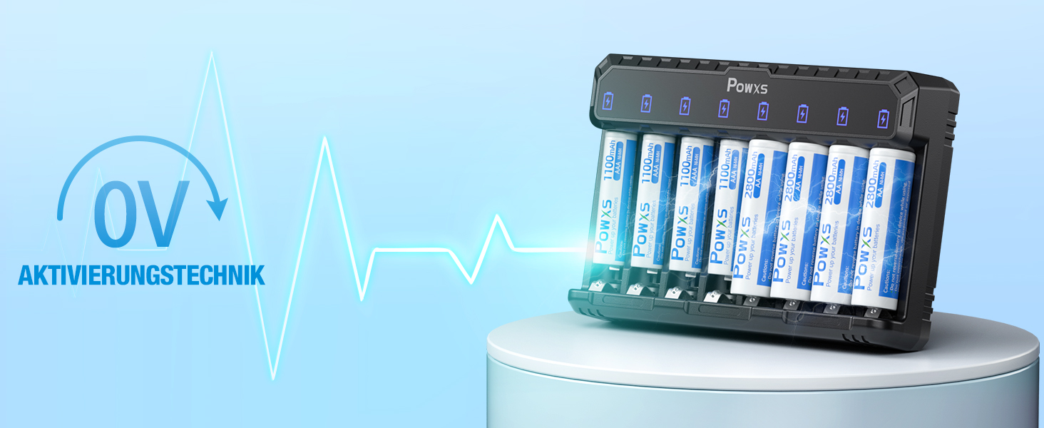 Зарядний пристрій POWXS для акумуляторів AA AAA (NIMH/NICD/Li-ion/Lithium) з LED-дисплеєм та USB-C, 8 слотів, швидка зарядка