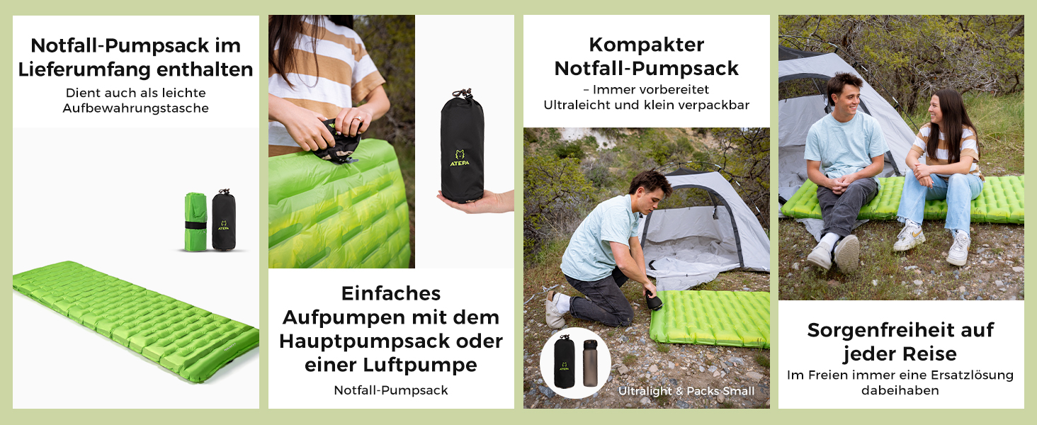 ATEPA ThermAir ізомат для кемпінгу та трекінгу, 6R, R-значення 6.6, 7 камер, компактний, з сумкою, 9см товщина, 9см зелений