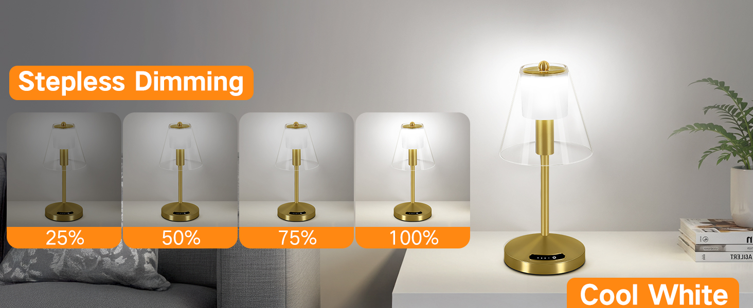OUTON Бездротова настільна лампа Gold – LED лампа з торканням, регулювання яскравості, 3 режими кольору (3000K–6000K), акумулятор 4000mAh, USB-C, до 120 годин роботи, пам'ять, для спальні, бару та декору, золота