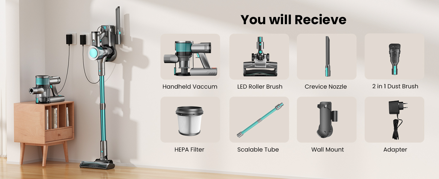 Бездротовий пилосос Dzaki 45000Pa з дисплеєм, антизаплутувальною насадкою та тривалою роботою для твердих поверхонь, килимів та шерсті тварин (блакитний)