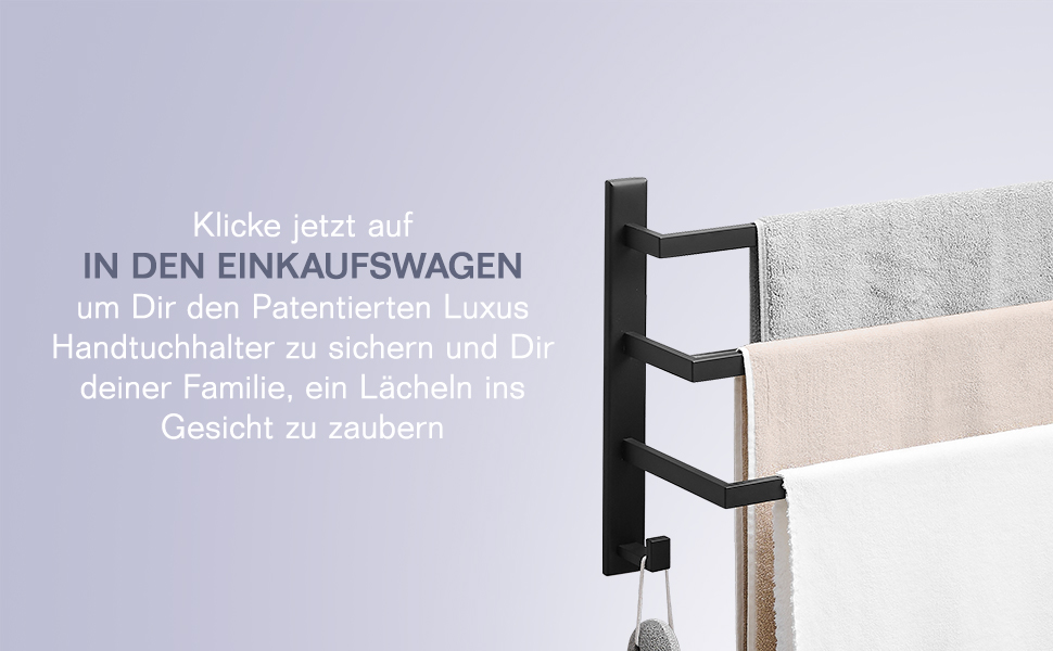 Тримач для рушників без свердління для ванної кімнати | Без бактерій | Приховані шурупи | Тримач для рушників з гачками - нержавіюча сталь SUS 304, чорний