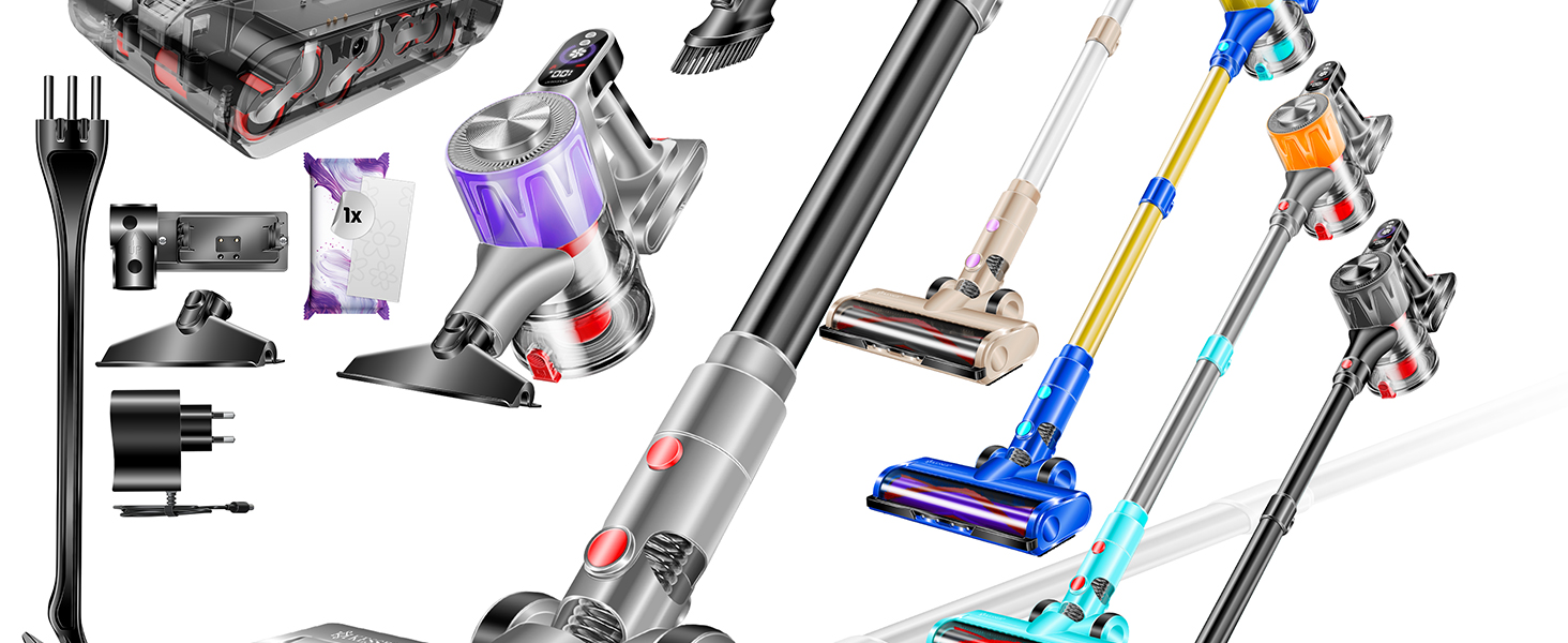 Бездротовий акумуляторний пилосос KESSER® з LED дисплеєм, до 60 хв роботи, тихий, без мішка, з антинамотувальною щіткою, HEPA фільтр, для твердих поверхонь та килимів, з аромадиском, чорний/червоний