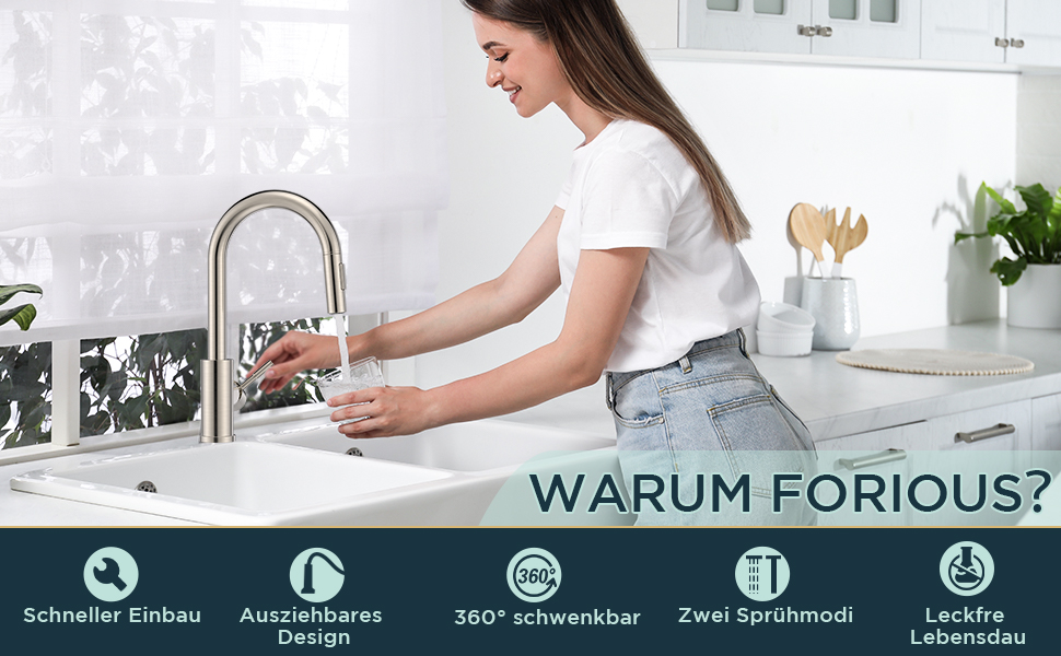 Змішувач кухонний FORIOUS чорного кольору з висувною лійкою, поворотний на 360°, нержавіюча сталь