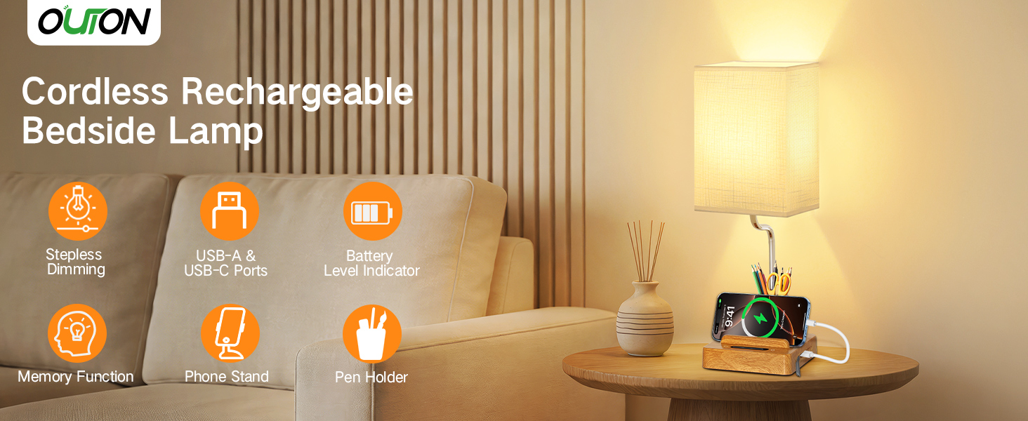 Настільна лампа світлодіодна OUTON 8000mAh бездротова з підставкою для ручок, акумуляторна, тканинний плафон, 3 режими світла, сенсорне керування, димування, індикатор заряду