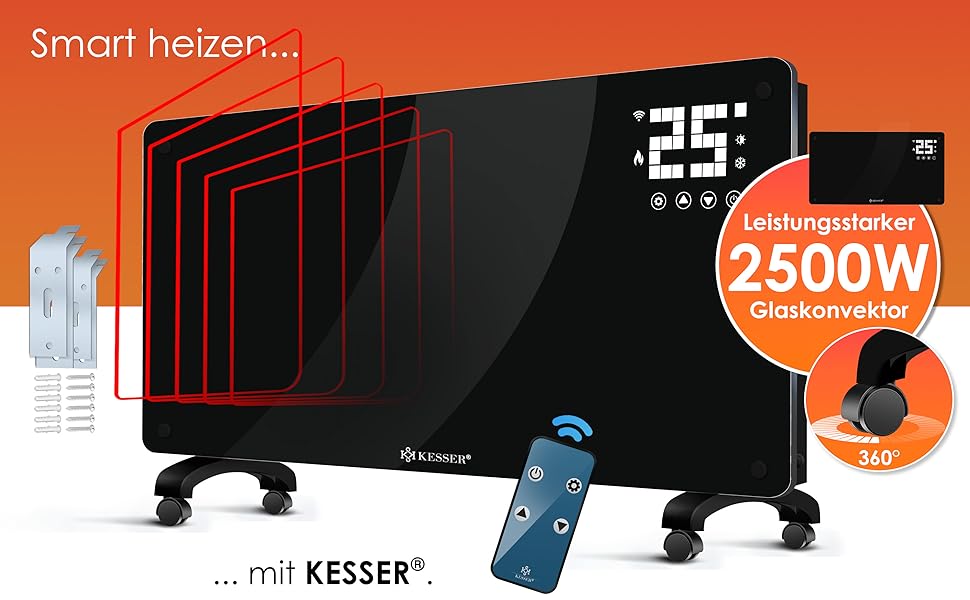 Електричний конвектор KESSER® з Wi-Fi, LCD-дисплеєм та пультом керування. Чорний, 2500 Вт. Можливість встановлення на стіну або на підлогу.