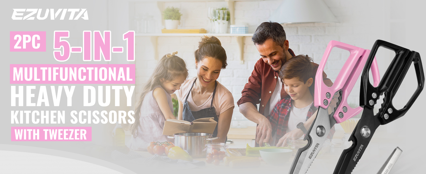 Кухонні ножиці 5-в-1 з пінцетом, титанове покриття, нержавіюча сталь, для кухні, птиці, риби, м'яса (чорний & рожевий)