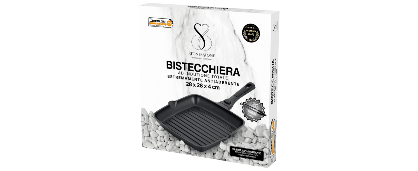 Stone&Stone Сковорода гриль індукційна 28 см квадратна з антипригарним покриттям та знімною ручкою, німецька кераміка, сталеве дно, для газових плит та духовки, без PFAS, PFOA та PTFE