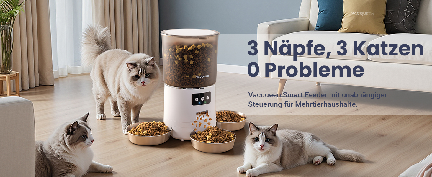 Автоматичне годування для котів з APP та таймером, 6 л / 25 порцій, 3 миски, 3 пакети силікагелю, система запобігання застрягання, WiFi 2.4G, запис голосу 10 сек, годівниця для котів та собак (білий)