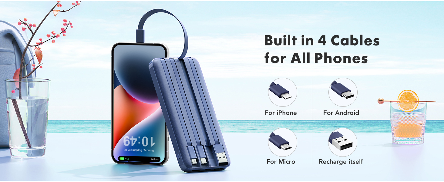 Power Bank Charmast 10000mAh з 6 виходами, USB-C, LED-дисплеєм, 4 кабелями, блакитний