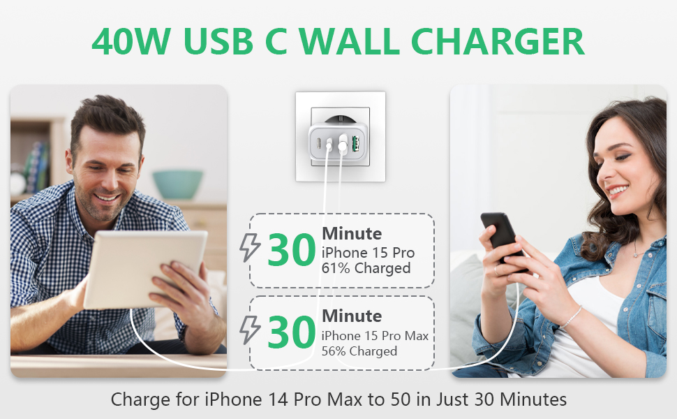 Набір зарядних пристроїв USB-C 40W (2 шт) з підтримкою PD3.0 та QC3.0. Підходить для iPhone, iPad, Samsung, Xiaomi, Google. Білий колір.
