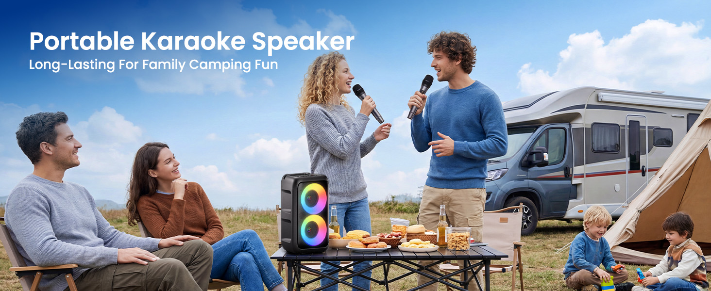 Караоке машина з 2 бездротовими мікрофонами Bluetooth 2x10W – портативна колонка з TWS/AUX/USB/FM для TV, смартфону та планшету. Ідеально для вечірок, днів народження та подорожей (Mic2)