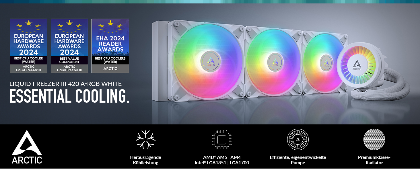 Система водяного охолодження ARCTIC Liquid Freezer III 420 A-RGB для ПК: 3x140 мм вентилятори, радіатор 38 мм, PWM-насос, підтримка AMD AM5/AM4, Intel LGA1851/1700