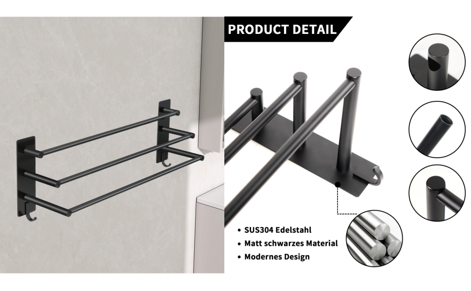 Тримач для рушників Vista з 3-ма штангами, без свердління, нержавіюча сталь SUS304, сріблястий, з двома гачками, 60 см, для кухні, ванної кімнати, спальні