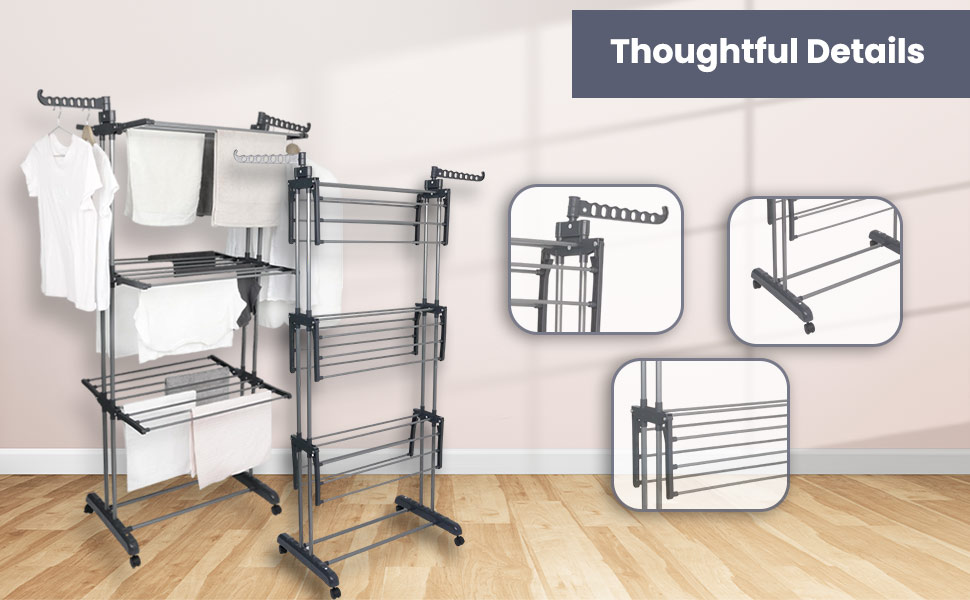 Сушарка для білизни, 4 яруси, сіра, складана, регульована, велика, нержавіюча сталь, для дому та вулиці, зі складними крилами