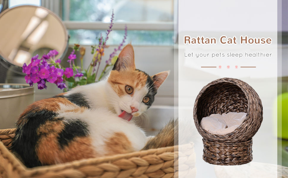 PawHut Rattan Cat Basket Cat Cave Cat House Cat Bed with Cushion Pet Bed Water Hyacinth 42 x 33 x 52 cm (50L x 42W x 60H cm, Coffee)