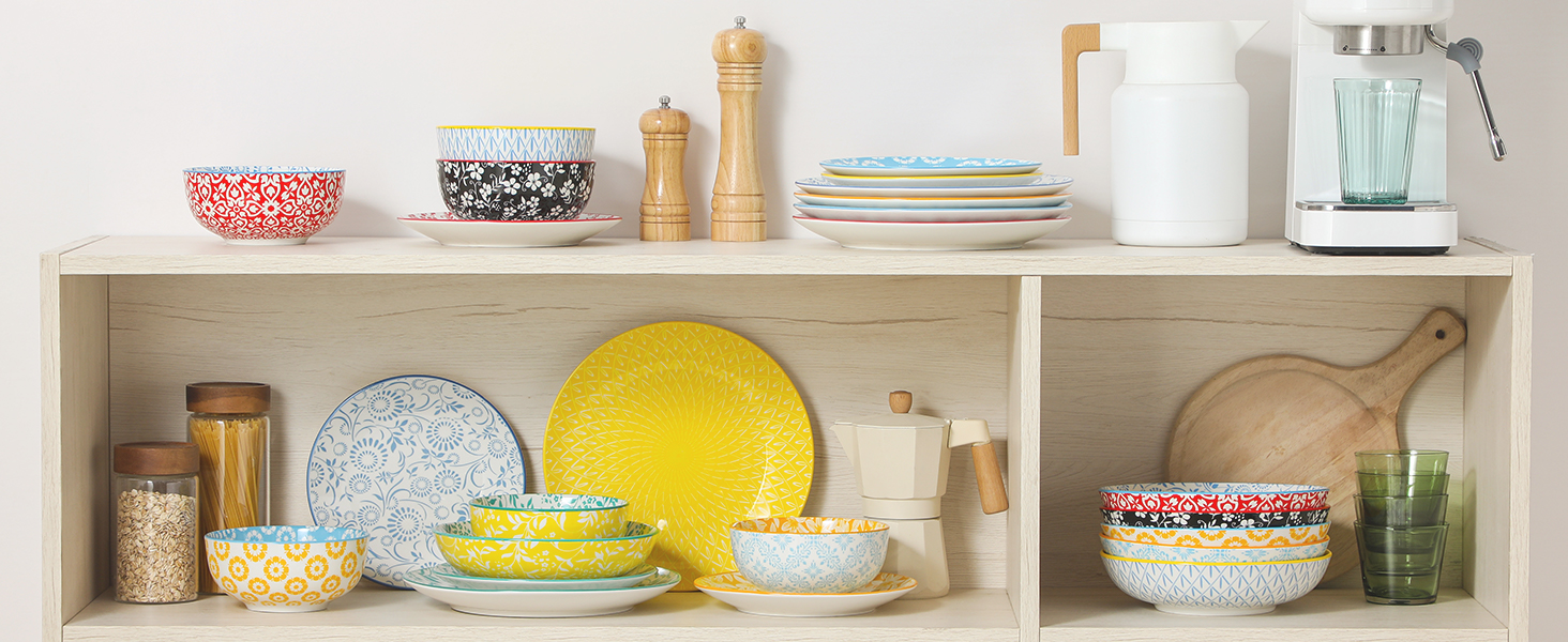 Набір посуду Vancasso Selene на 6 осіб, 24 елементи: тарілки, супові тарілки, миски, десертні тарілки з пастельного порцеляну. Підходить для мікрохвильової печі.