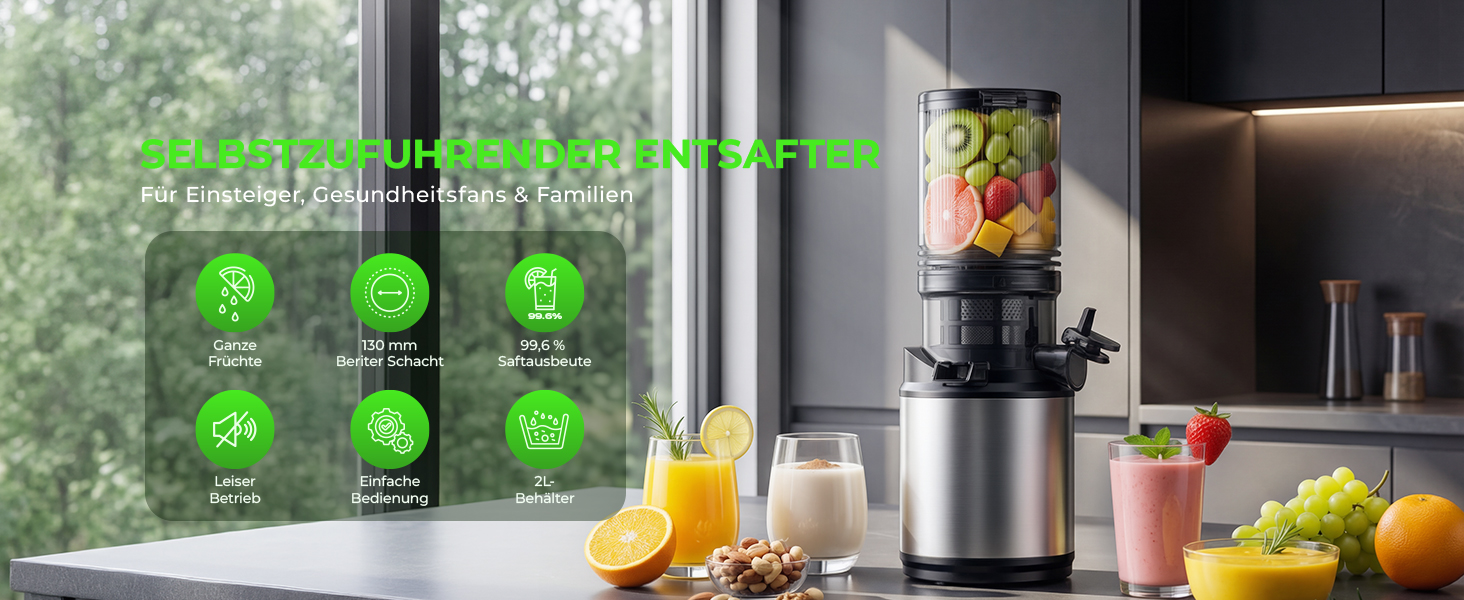 Електрична соковижималка для овочів та фруктів Slow Juicer, шнекова соковижималка для смузі та сорбету, широкий завантажувач 130 мм, 250 Вт, тиха, легка в очищенні, Titanium Gray