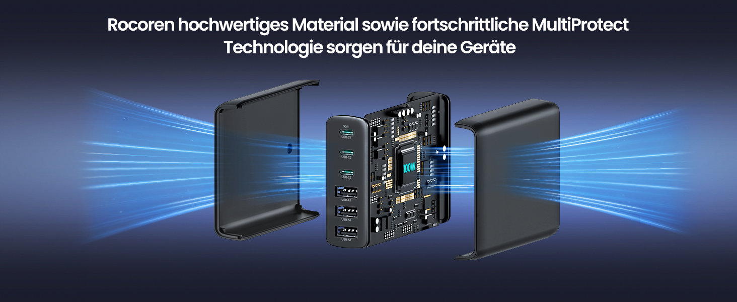 Зарядний пристрій Rocoren USB-C 100W PD3.0 QC4.0 PPS, 6 портів для MacBook Air, iPhone 15 Pro, iPad Pro, Galaxy S24/S23, Huawei - Швидка зарядка