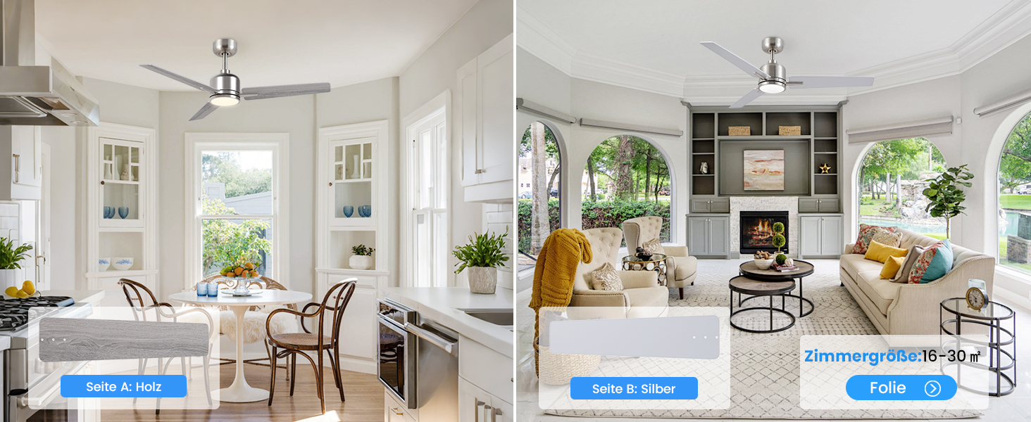 Стеляний вентилятор Newday білий, 122 см з підсвіткою та пультом керування. Безшумний вентилятор для стелі з лампою, регульована яскравість, DC мотор, реверсивний для спальні та вітальні (107-silber-holz)