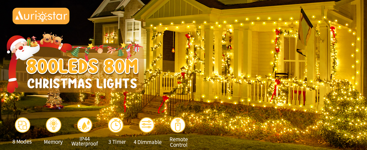 Гірлянда святкова на ялинку, для декору приміщень та вулиці - 80м, 800 LED, з пультом, таймером, вологостійка, 8 режимів, тепле біле світло, для вечірки, саду, декору на Новий Рік