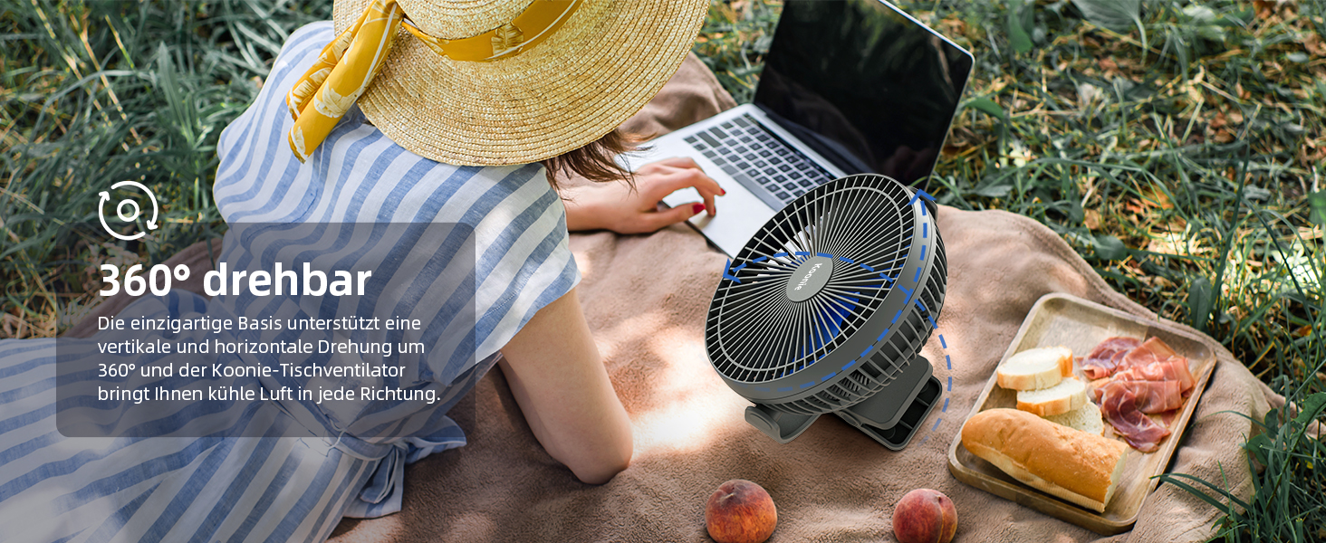 Вентилятор Koonie 10000 mAh з кліпсою, 20 см, портативний USB, акумуляторний, 4 швидкості, 360° оберт, тихий, для дому, офісу, дитячої коляски, кемпінгу, гроу-тента (блакитний)