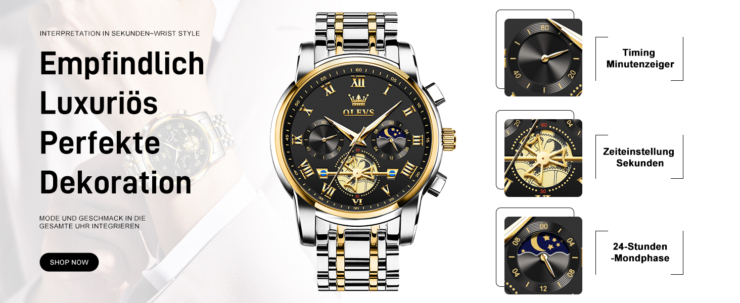 Годинник чоловічий OLEVS з металевим ремінцем, кварцовий, з місячною фазою, хронограф, водонепроникний (2859 Чорний / Двоколірний)