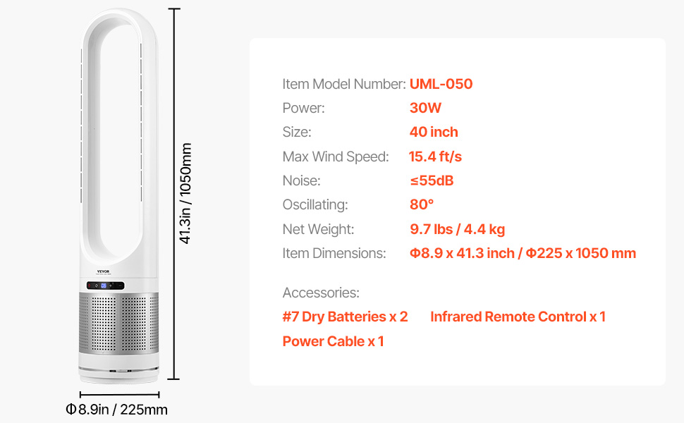 Турбо-вентилятор VEVOR без лопатей з HEPA-фільтром, 4.7 м/с, 8 швидкостей, осциляція 80°, таймер 8 годин, пульт ДК, режим очищення повітря