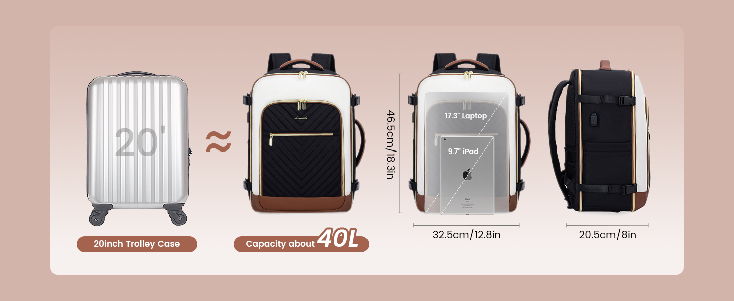 Рюкзак LOVEVOOK для жінок, 40L, ручна поклажа, для ноутбука, водонепроникний, рюкзак для подорожей, дамська сумка-мішок, 17.3 дюйми, сірий, білий, кавовий