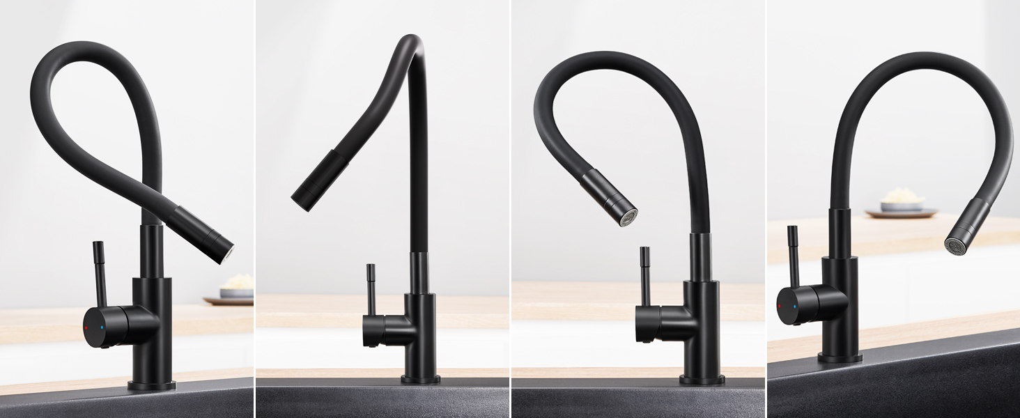 Змішувач для кухні гнучкий чорний, нержавіюча сталь, 2 режими струменя, 360° поворот, кухонний змішувач, преміум якість
