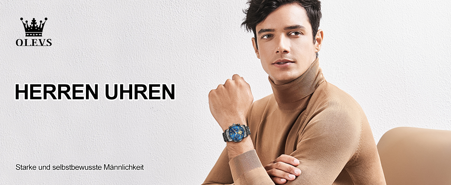 Годинник чоловічий OLEVS з металевим браслетом, кварцовий, з місячною фазою, хронограф, водостійкий, з нержавіючої сталі (2856 Blue / Black)